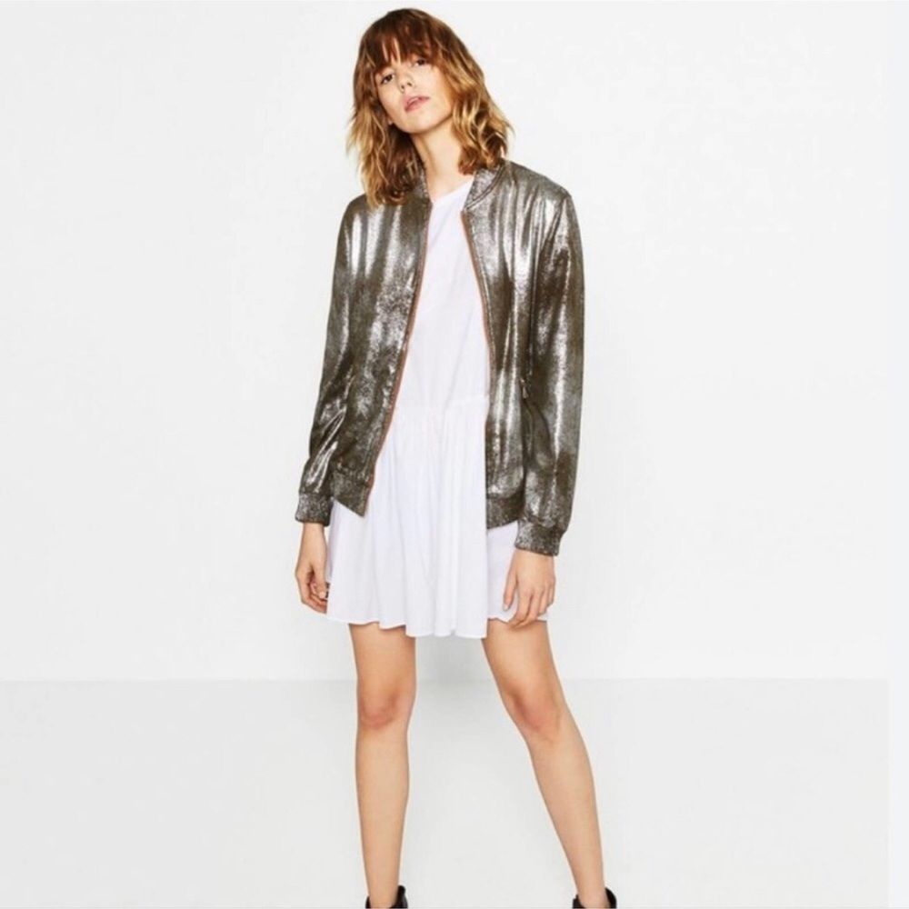 Zara Silver Metallic Faux Suede Rocker Chic Bomber Jacket